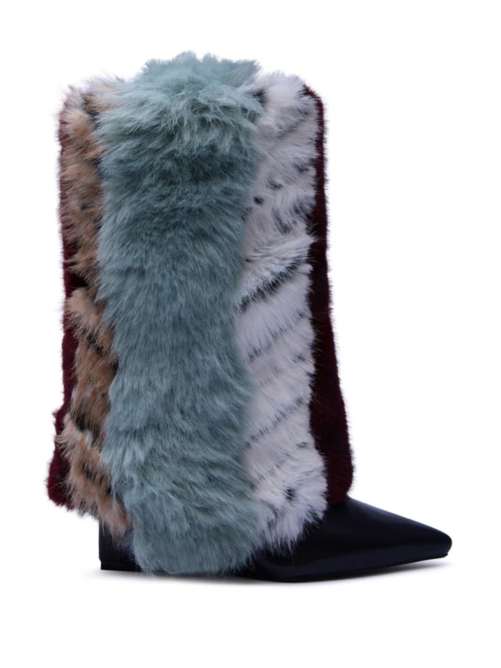 Multi-Color Faux Fur Panel Mid-Calf Bootie - Blue, Cream & Brown